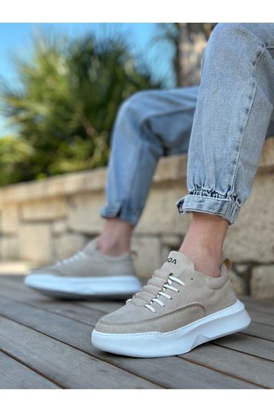 BESKAR BA0332 - Ανδρικά κρεμ σουέτ αθλητικά παπούτσια με ψηλή σόλα με μοτίβο σκάλας και κορδόνια