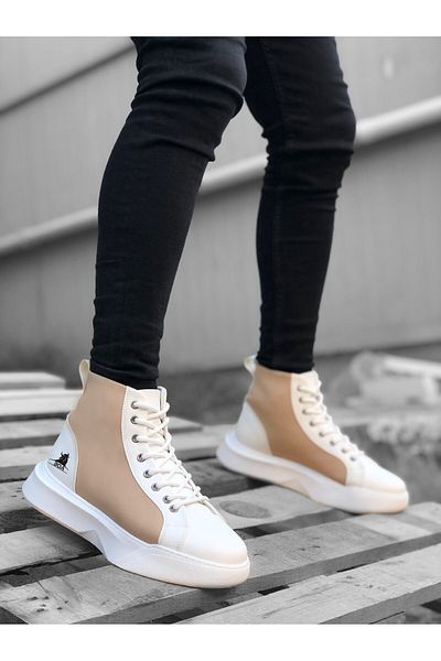 BESKAR Ba0256 Lace-Up Ανδρικές Αθλητικές Μπότες με ψηλή σόλα λευκή κρέμα σόλα