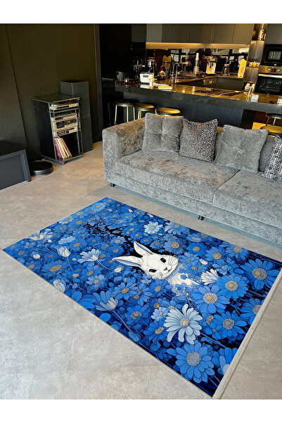 Rugs Modern Halı Lina Koleksiyonu Mavi Çiçekler Arasında Beyaz Tavşan Desenli...