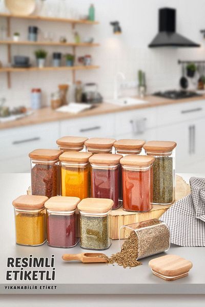 Comprox 12 Pieces Acrylic Vacuum Wooden Lid Square Spice Bowl Set with Illustrated Label 300 Ml - Spice Bowl Set