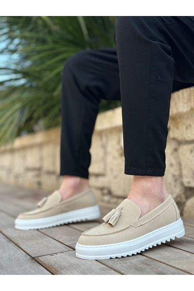 BESKAR BA0154 Ανδρικά παπούτσια από λινάρι - Ψηλή σόλα, χωρίς κορδόνια, φούντες σε κρεμ χρώμα