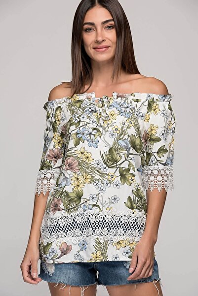 Cotton Mood 7300798 بلوزة فيسكوز مزخرفة بأكمام مزخرفة بنمط زهور ECRU