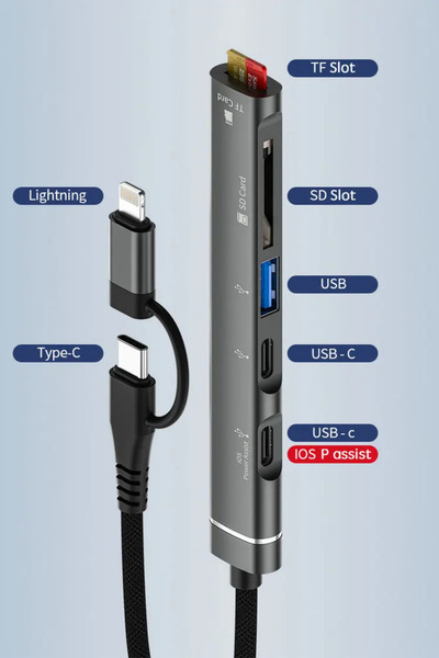 Abbruch 5in2 Type-C+Lightning Dönüştürücü Çoklayıcı Hub PD Typec - USB, SD/TF Kart Okuyucu Macbook Uyumlu
