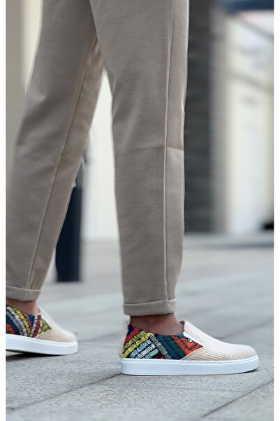 BOA BA0339 Laceless Linen Cream Colored Patterned White Sole Casual Men's Shoes