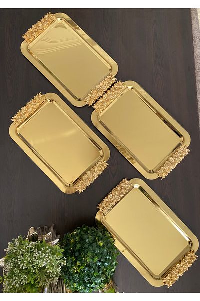 atabey home collection صينية ورد ذهبية بطول 30 سم - 6 صواني للقهوة والشاي والعرض