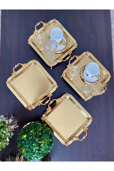 İLİK HOME 6 Adet Kahve & Çay & Sunum Tepsisi KARE GOLD AYAKLI VE KULPLU LÜX TEPSİ