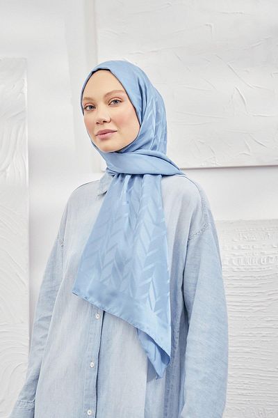 ARMANDA Şal jacquard mătăsos italian cu model în zig-zag - albastru denim