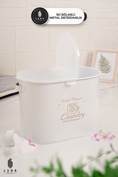 Lura Metal White Plastic Lid 2 Compartment Detergent Box Metal Storage Box - 12 Lt