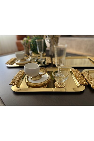 atabey home collection 2 ADET Kahve & Çay & Sunum Tepsisi UZUN GOLD GÜLLÜ TEPSİ 30 CM