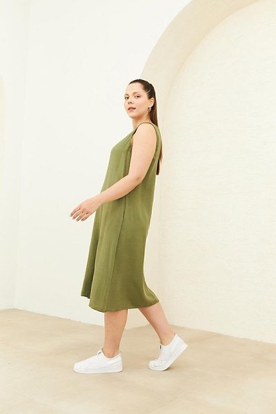 Curly Khaki Sleeveless Linen Dress