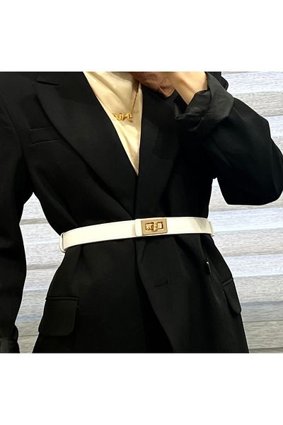 Des'ree Kemer White Stitched Belt with Gold Buckle - 2.5 Cm, for Pants, Dresses, Shirts and Jackets