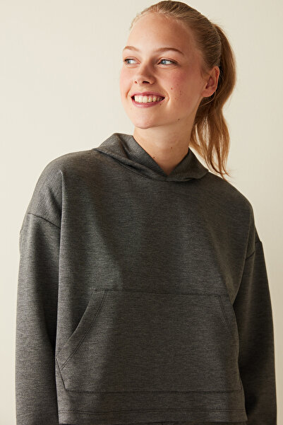 Penti Dark Gray Melange Soft Textured Hooded Kangaroo Pocket Sweatshirt