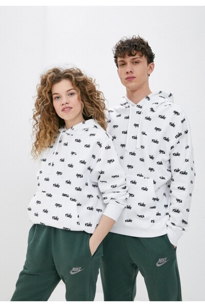 Nike Sportswear Club Pullover BB Hoodie Script Beyaz Erkek Sweatshirt