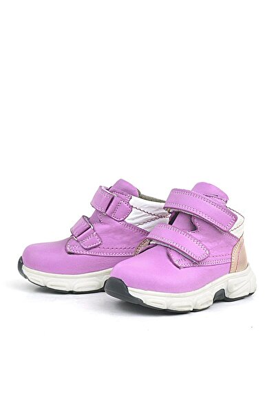 Rakerplus Hakiki Deri Fuşya Pembe Cırtlı Kız Bebek Bot Ayakkabı