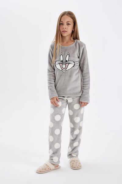 DeFacto Mädchen-Pyjama-Set Looney Tunes Plüsch-Langarm-Oberteil mit langem Unterteil D1069a824wn