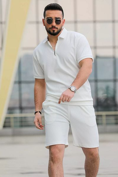MİSHAR İTALİA Ανδρικό μπλουζάκι με κρεμ φερμουάρ Polo Jacquard