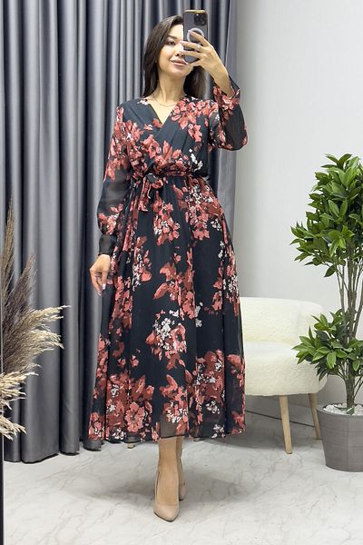 Elbise Delisi Black Floral Long Double Breasted Collar Chiffon Dress