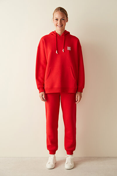 Penti Kırmızı Kapüşonlu Içi Şardonlu Kanguru Cepli Oversize Sweatshirt