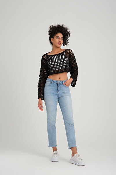 monanora Kadın Siyah Crop Delikli Triko Kazak