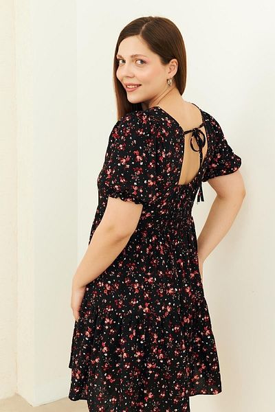 Curly BLACK PATTERNED SQUARE NECK DRESS