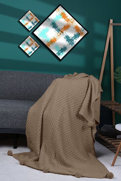 DOUX HOME Плетено одеяло за телевизор Yeliz Knitwear с 10 помпона 130 X 170 (БИСКВИТИ)