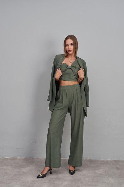 Rabia Çelik Women's Khaki Green Bustier Pants Jacket Top and Bottom Set
