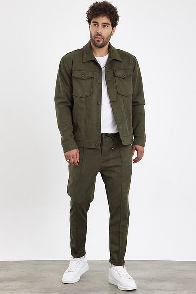 MADZEYMODA New Season Men's Trousers Jacket 2-Piece Khaki Green Suede Set Mz0800