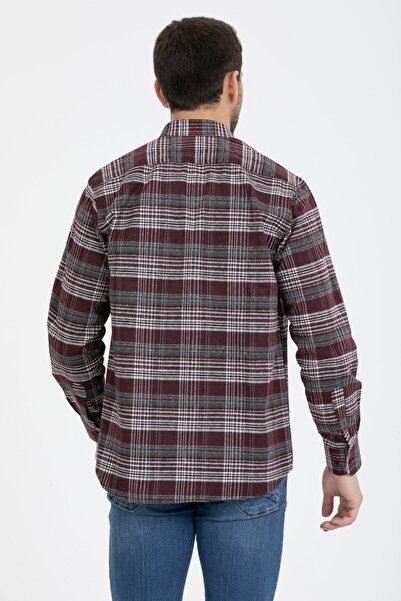 Varetta Men's Claret Red Collar Buttoned Long Sleeve Pocket Checked Winter Shirt