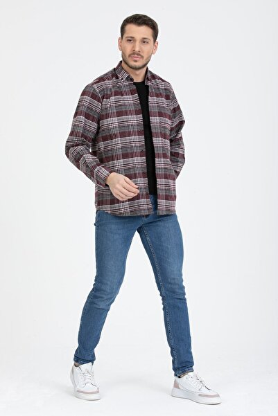 Varetta Men's Claret Red Collar Buttoned Long Sleeve Pocket Checked Winter Shirt