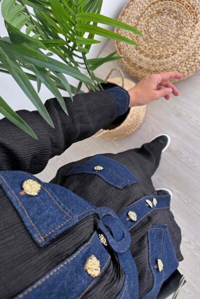 Ka Hijab Set de 2 piese Hijab cu nasturi aurii cu detaliu denim cu jachetă - negru