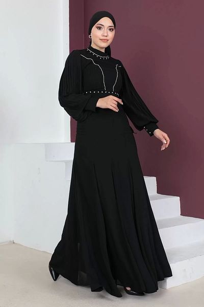 PHELDA Βραδινό φόρεμα Hijab με μανίκια και πιέτες στο στήθος 751-μαύρο