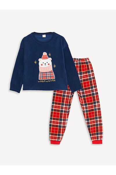 LC Waikiki Lw - Crew Neck Christmas Themed Long Sleeve Fleece Girl's Pajama Set