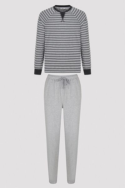 Penti Set de pijama gri cu pantaloni cu maneci lungi cu detaliu dungi