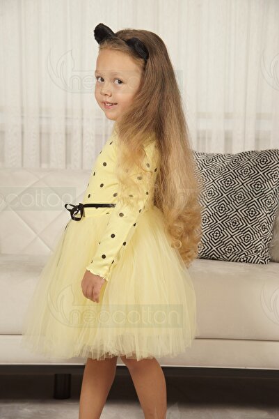 neocotton Puantiyeli Kız Çocuk Uzun Kollu Doğum Günü ve Özel Günler İçin Tüllü Elbise