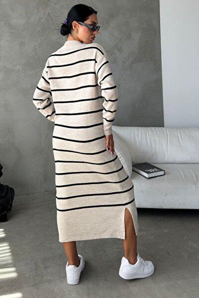 bayansepeti Φόρεμα μπεζ πλεκτό φόρεμα 1080 με μακρυμάνικο μίντι λαιμόκοψη