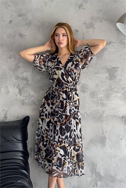 Dipmoda γυναικείο μαύρο φόρεμα σιφόν διπλό πέτο γιακάδων Με σχέδιο DPQ001