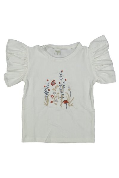 bebegen Girl's White Sequin Flower Embroidered Short Sleeve T-Shirt