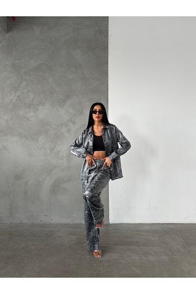 giyimmasalı Shiny Mono Fabric Snake Printed Set - Gray
