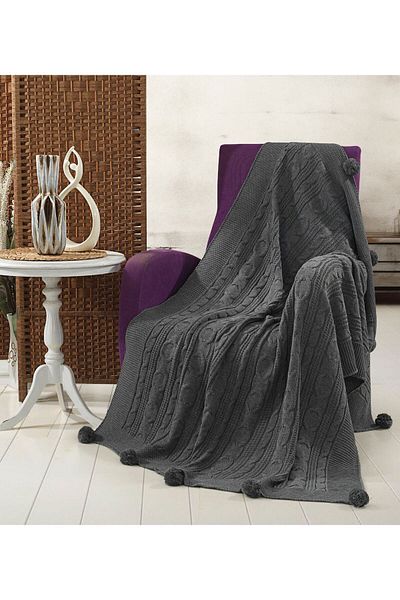 DOUX HOME Sevda Knitwear Knitted Tv Blanket with 10 Pompoms 130 X 170 (Anthracite)
