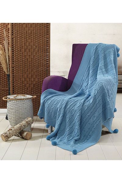 DOUX HOME Pătură TV împletită Sevda Knitwear cu 10 pompoane 130 X 170 (ALBASTRU BEBE)