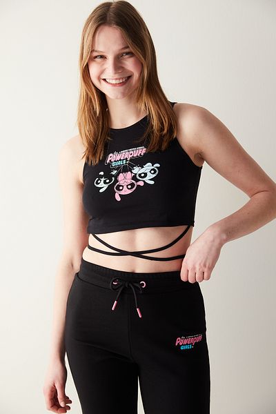 Penti Crop negru imprimat cu cravată