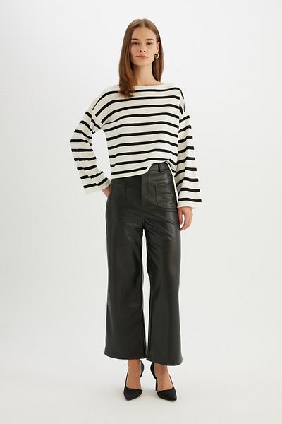 DeFacto Culotte Doppeltaschen-Hose aus Kunstleder mit hoher Taille und geradem Bein