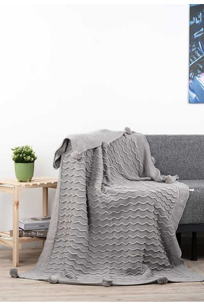 DOUX HOME Meral Knitwear Braided Pompom Tv Blanket 130 X 170 cm (Grey)