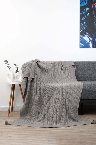 DOUX HOME Derya Knitwear Πλεκτή κουβέρτα τηλεόρασης με 4 πομπόν 130 X 170 (ΓΚΡΙ)