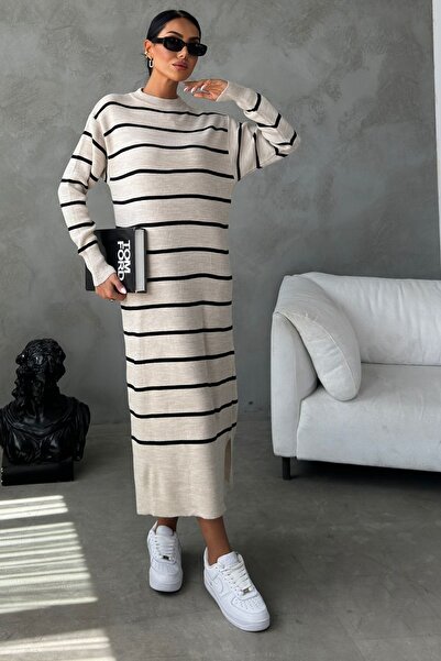 bayansepeti Φόρεμα μπεζ πλεκτό φόρεμα 1080 με μακρυμάνικο μίντι λαιμόκοψη