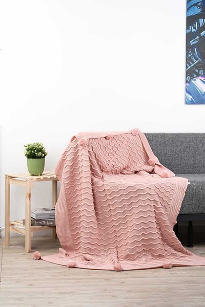 DOUX HOME Meral Knitwear Braided Pompom Tv Blanket 130 X 170 cm (Pink)