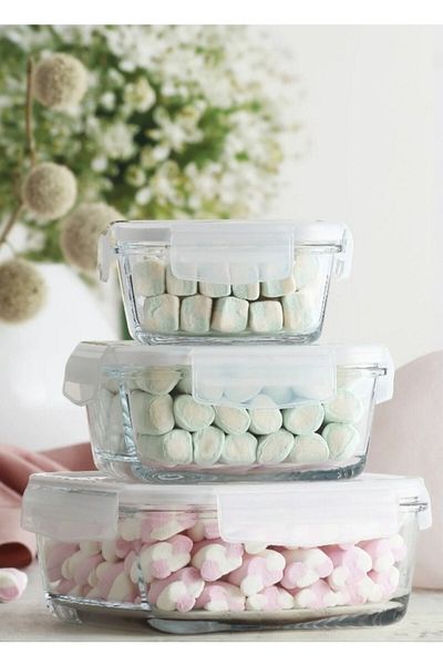 LAV Feyzade Fresco Locked Glass Storage Container Set White Lid 4 Pieces (1150Cc-720Cc-400Cc-375Cc)
