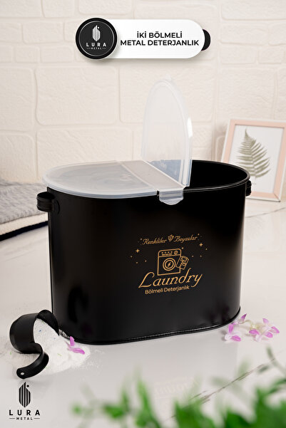 Lura Metal 2 Bölmeli Metal Siyah Plastik Kapaklı Tablet ve Toz Deterjan Kutusu Banyo Düzenleyici - 12 Lt