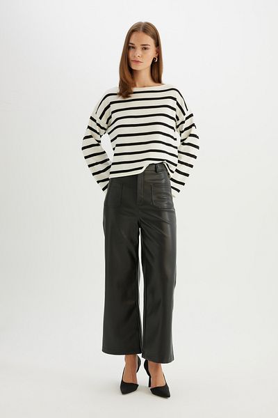 DeFacto Culotte Doppeltaschen-Hose aus Kunstleder mit hoher Taille und geradem Bein