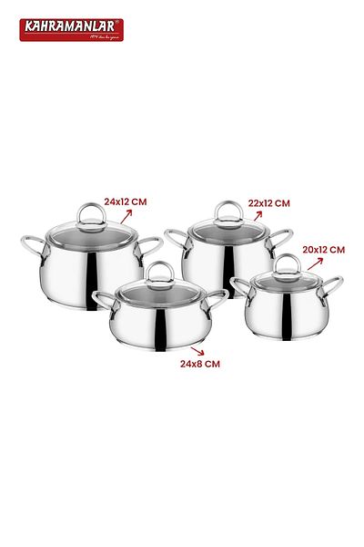 Kahramanlar 8 Piece Steel Pot Set - Acacia Induction Base